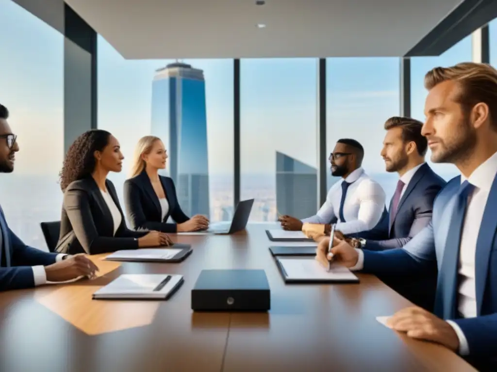 Profesionales colaborando en reunión de negocios Una reunión de profesionales en ética en inversiones inmobiliarias internacionales en una oficina moderna con vistas a la ciudad