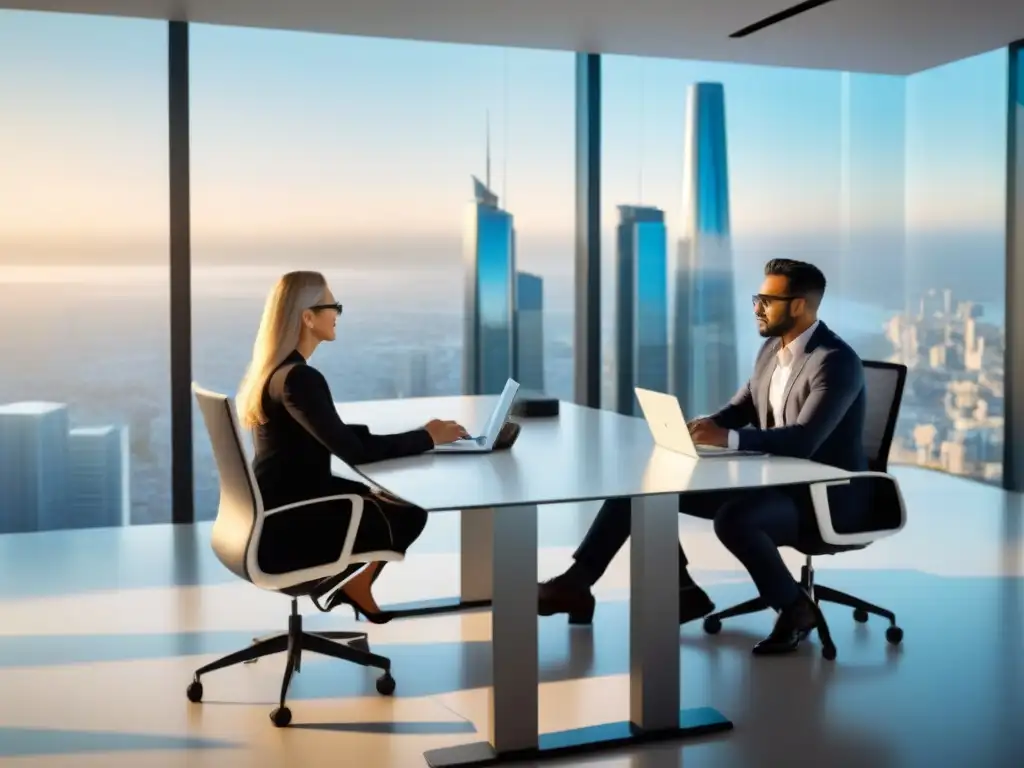 Reunión empresarial diversa en oficina moderna con vista panorámica Reunión de profesionales en moderna oficina, discutiendo derechos de propiedad en mercados emergentes