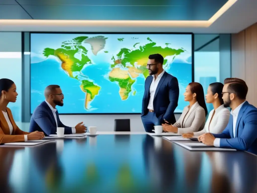 Profesionales en reunión: ambientes de negocios globales Una reunión de profesionales de negocios diversa y moderna en una sala de juntas, con un mapa global en pantalla