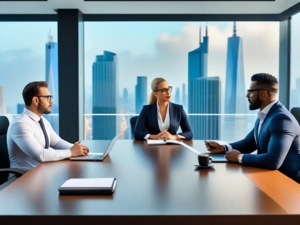 Reunión de negocios en oficina moderna con profesionales diversos Reunión de profesionales negociando en una oficina moderna con vista a la ciudad
