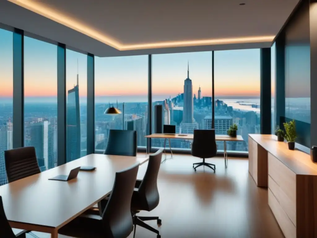 Oficina moderna con diversidad y éxito en inversiones inmobiliarias Reunión de profesionales en oficina moderna con vista a la ciudad y presentación sobre estrategias de venta parcial inmobiliaria