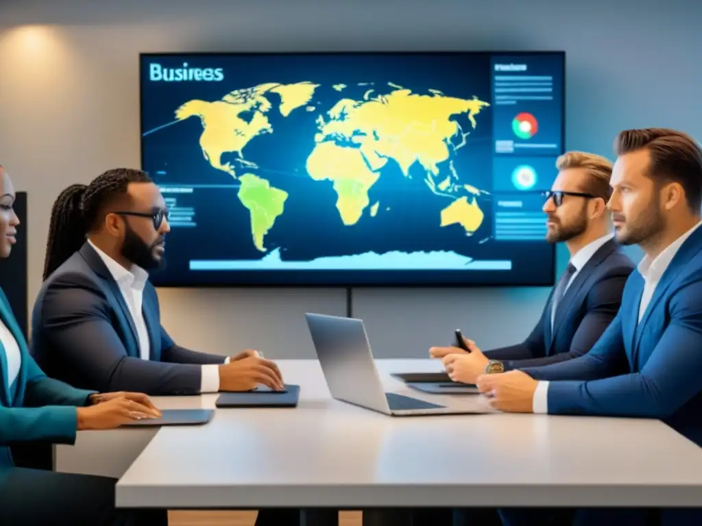 Profesionales de negocios en sala de juntas moderna discuten estrategias inmobiliarias internacionales Una reunión de profesionales en una sala de juntas moderna discutiendo estrategias de desinversión en mercado inmobiliario internacional