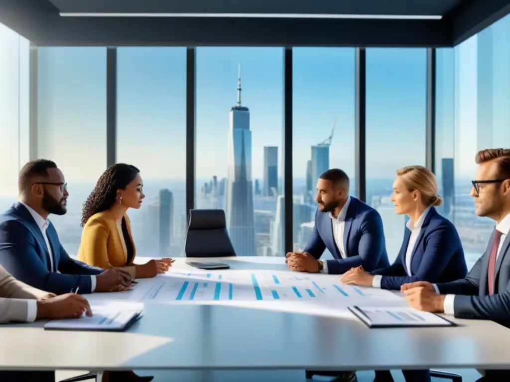 Profesionales diversos en sala de reuniones moderna Una reunión de profesionales en una sala moderna, con luz natural y vista panorámica de la ciudad