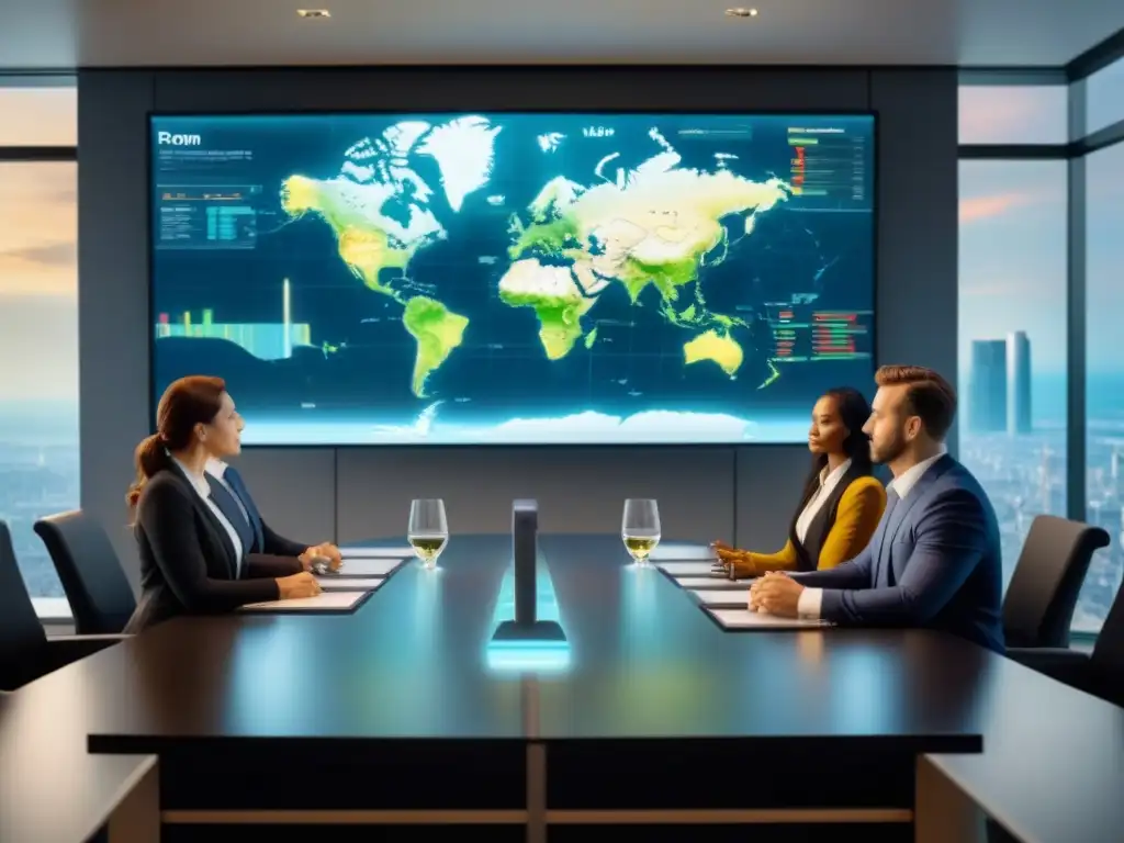 Profesionales globales debatiendo sobre regulaciones inmobiliarias Una reunión de profesionales en una sala moderna, discutiendo sobre regulaciones internacionales en inversión inmobiliaria