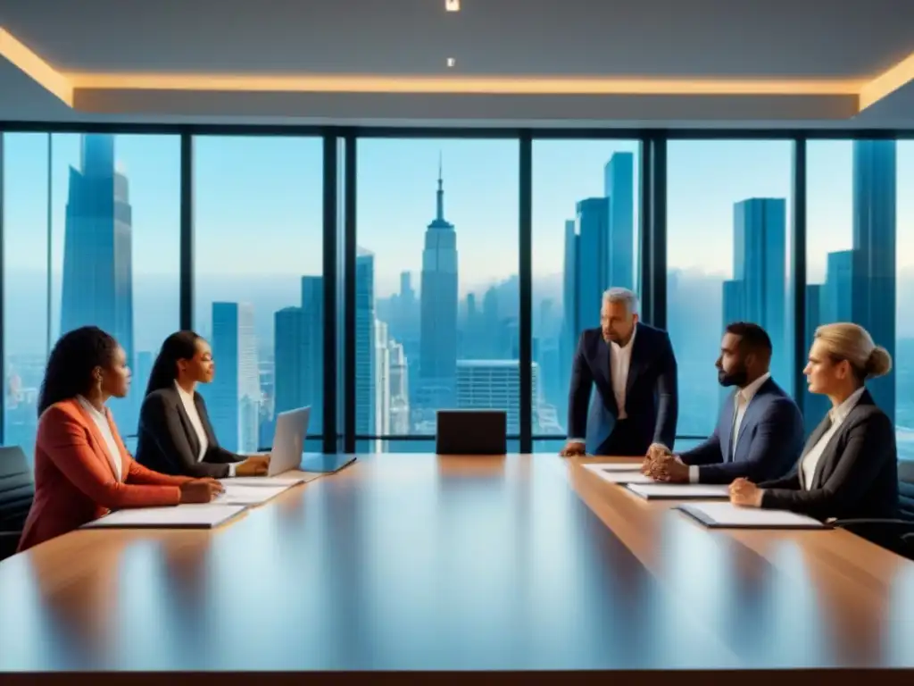 Equipo diverso en reunión de negocios en moderna sala de conferencias Reunión de profesionales en una sala moderna con vista a la ciudad, discutiendo sobre due diligence inmobiliaria internacional detallada