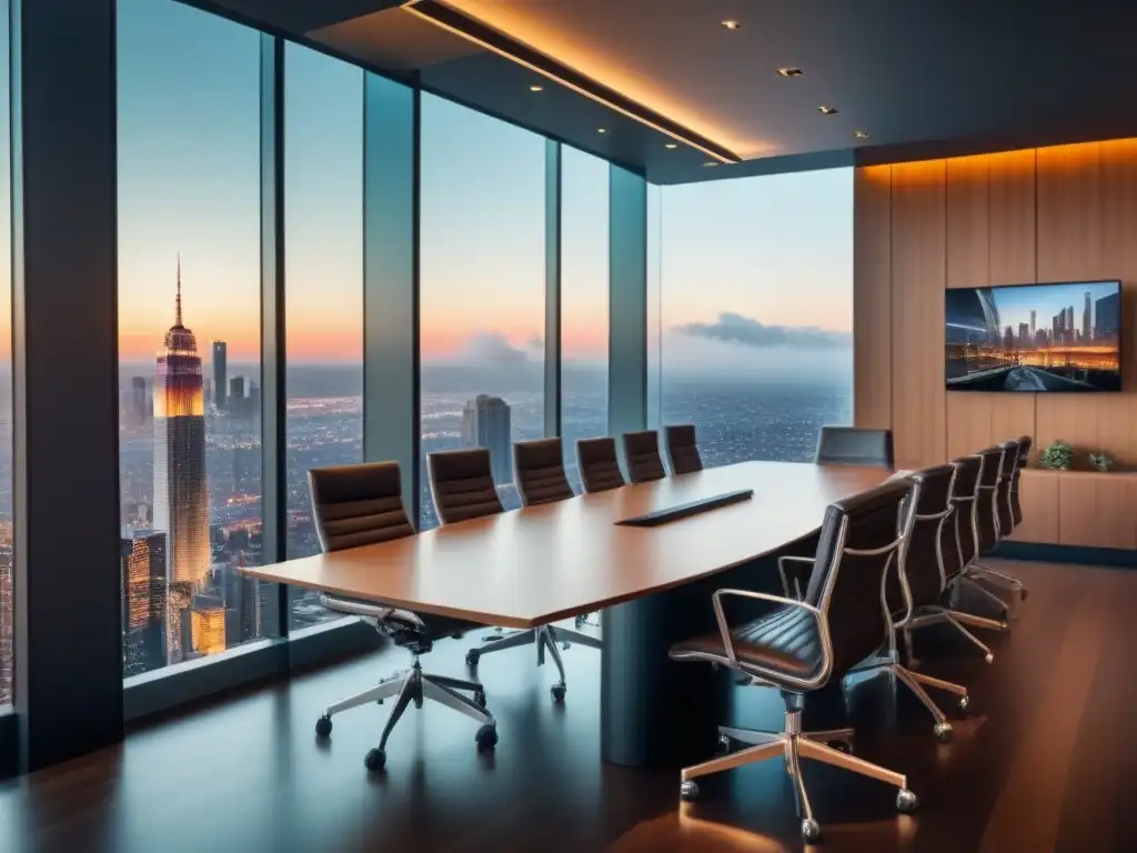 Reunión de negocios en sala ejecutiva con vista panorámica Una reunión de profesionales discutiendo soluciones legales para conflictos de arrendamiento internacional en una sala moderna con vista a la ciudad