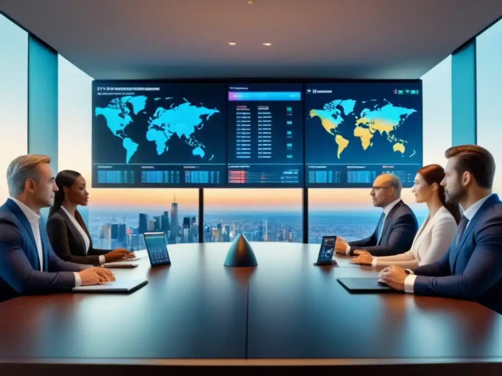 Profesionales corporativos en discusión estratégica global Una reunión de profesionales en traje de negocios en una sala llena de tecnología avanzada y vista panorámica de la ciudad al atardecer