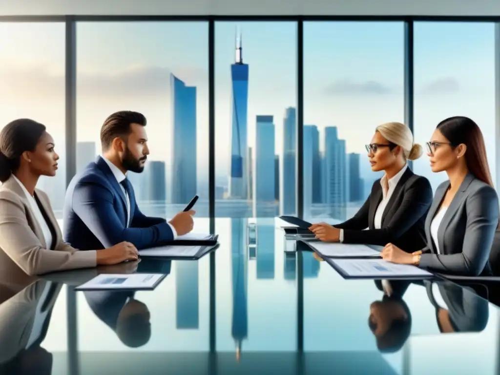 Reunión de due diligence inmobiliario: profesionales enfocados en la fusión Una reunión de profesionales en trajes de negocios, discutiendo documentos y gráficos financieros en una sala moderna con vista a la ciudad