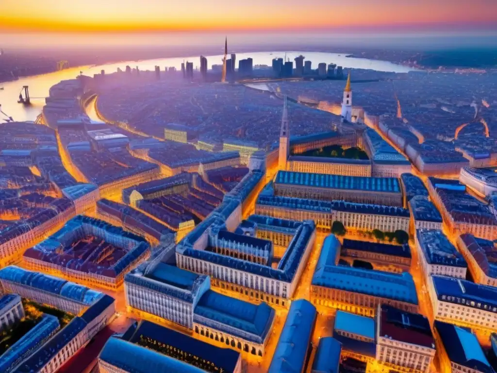 Vista aérea impresionante de ciudad europea al atardecer Revitalización inmobiliaria impacto turismo Europa: Ciudad europea bulliciosa al atardecer con arquitectura histórica y moderna