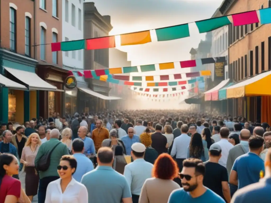Festival cultural en calle histórica revitalizada Revitalización del mercado inmobiliario a través de eventos culturales en una bulliciosa calle de la ciudad