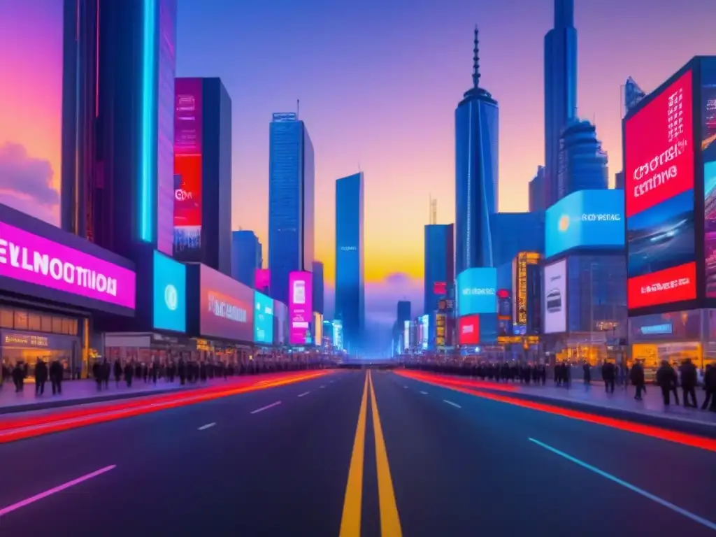 Metrópolis futurista: luces neon y tecnología avanzada en la ciudad Revitalización de mercados inmobiliarios locales en una ciudad futurista con rascacielos y tecnología avanzada