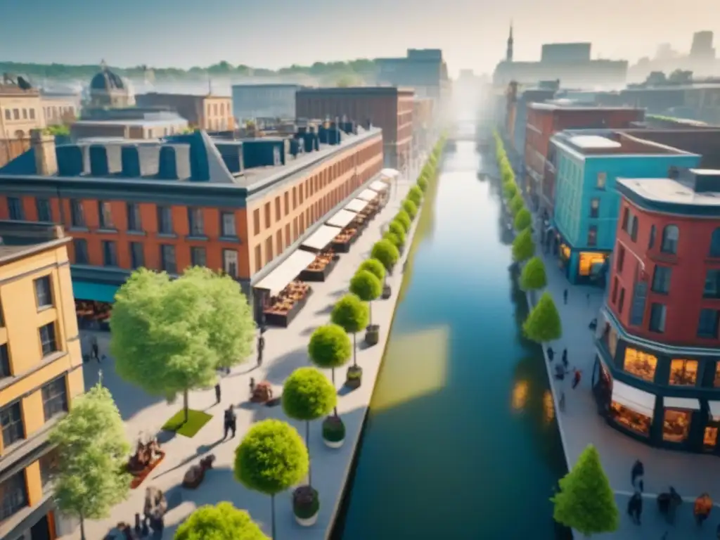 Revitalización urbana: Ciudad moderna con encanto histórico Revitalización de una pequeña ciudad: calles bulliciosas, edificios renovados y cafés al aire libre con diversidad de personas