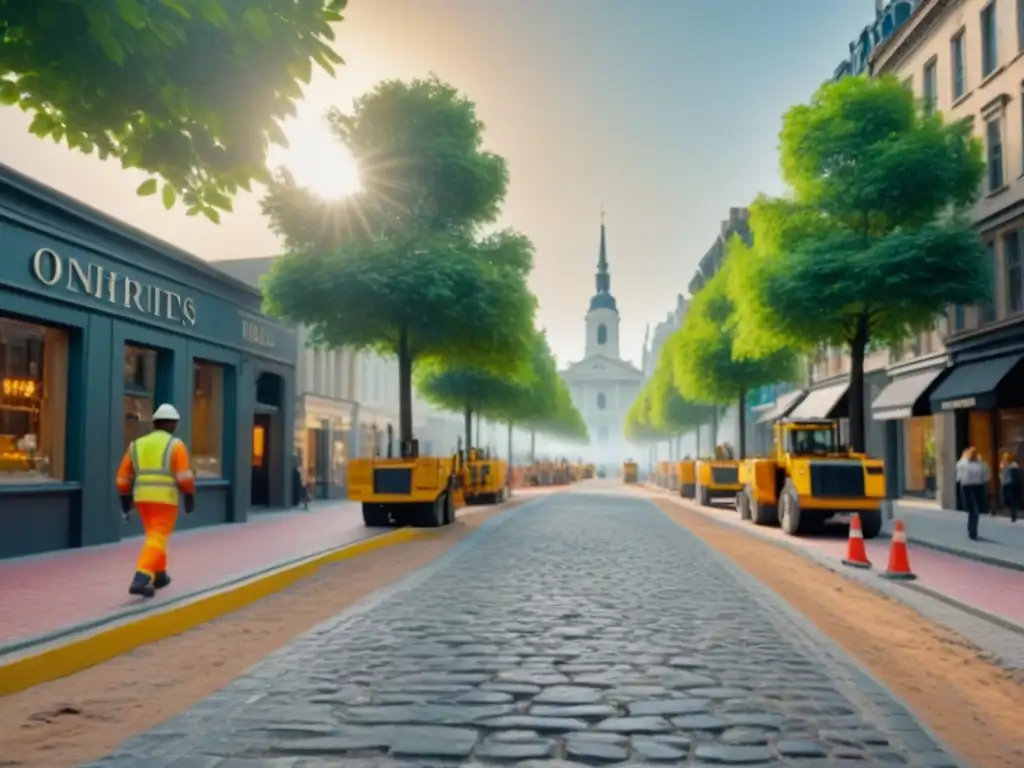 Renovación urbana: Obras en casco histórico Revitalización de propiedades en pequeñas ciudades: Obreros restaurando fachadas coloridas entre edificios históricos y modernos servicios