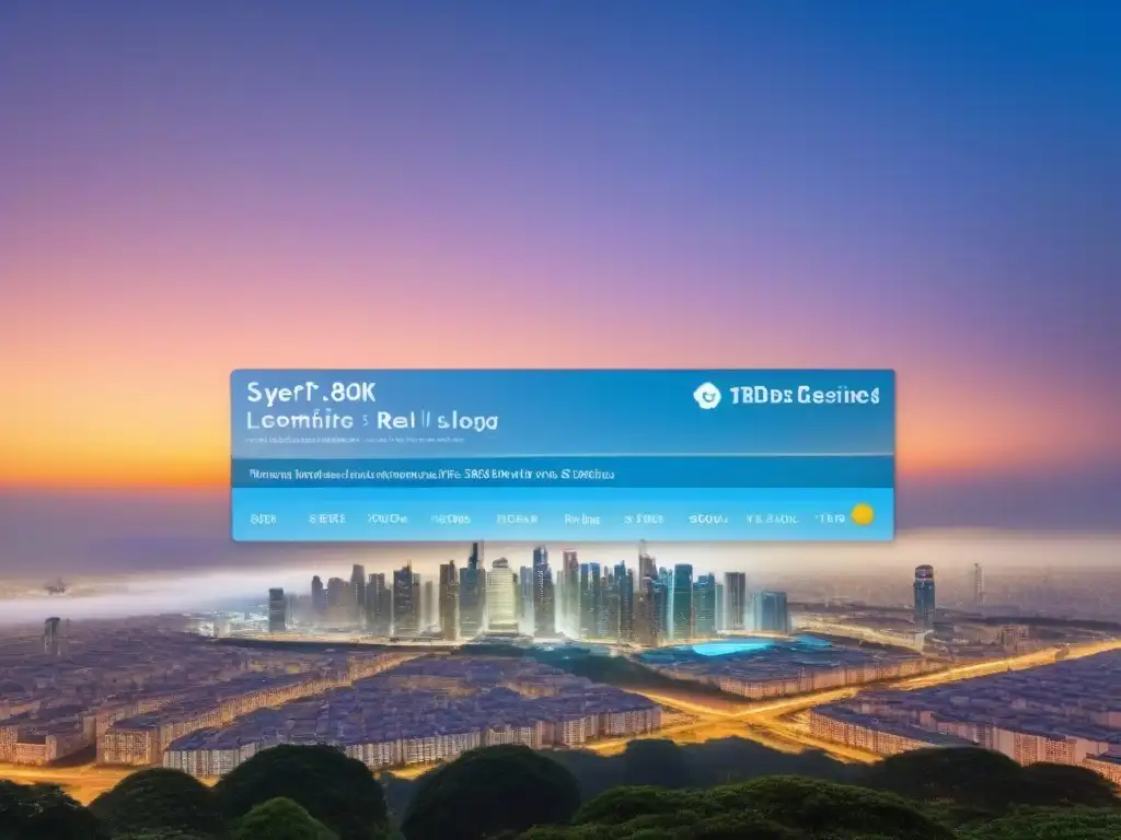 Interfaz digital futurista de bienes raíces internacionales en 3D Descubre la revolución de la inversión inmobiliaria internacional con herramientas digitales avanzadas
