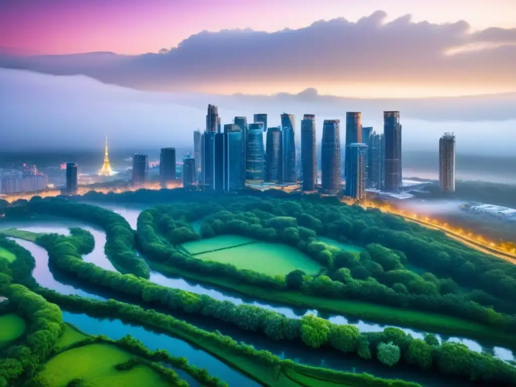 Horizonte urbano al atardecer: arquitectura moderna y naturaleza Riesgo cambiario en inversiones inmobiliarias - Ciudad moderna al anochecer con rascacielos y parques verdes