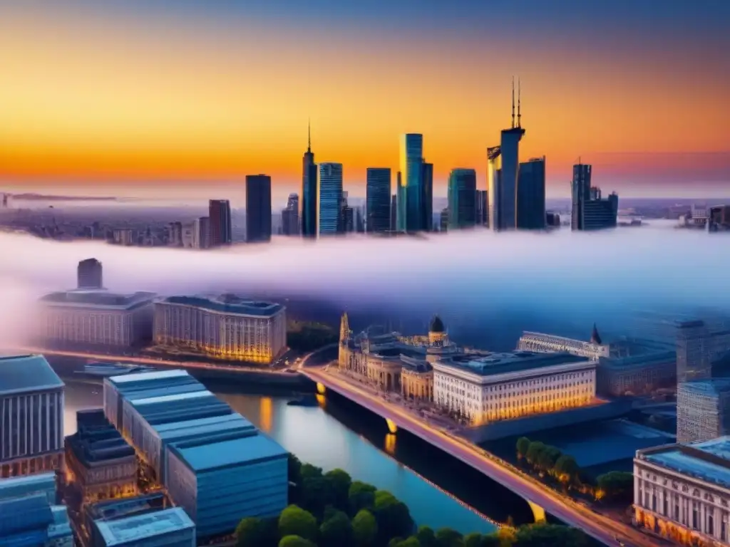 Contraste urbano al atardecer: modernidad y tradición en armonía Gestionar riesgo inversiones inmobiliarias internacionales en una ciudad vibrante al atardecer: fusión de modernidad y tradición