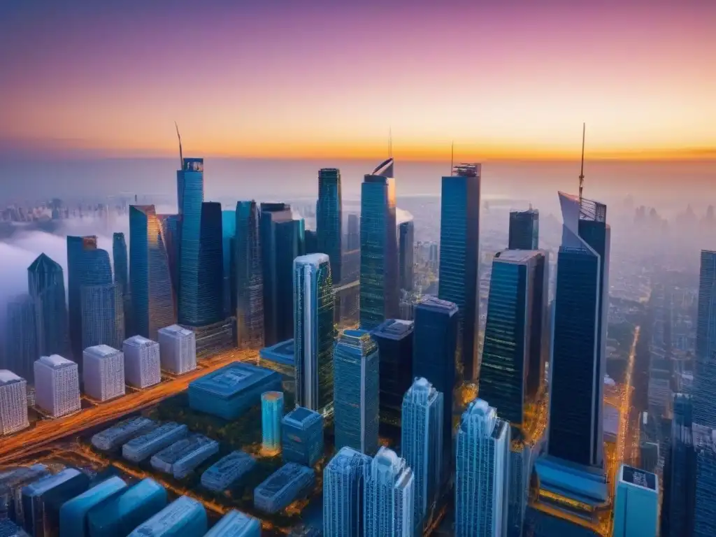 Inversión inmobiliaria global: estrategias para el éxito Gestión de riesgo en inversiones inmobiliarias internacionales: profesionales debatiendo frente a una ciudad con rascacielos modernos al atardecer