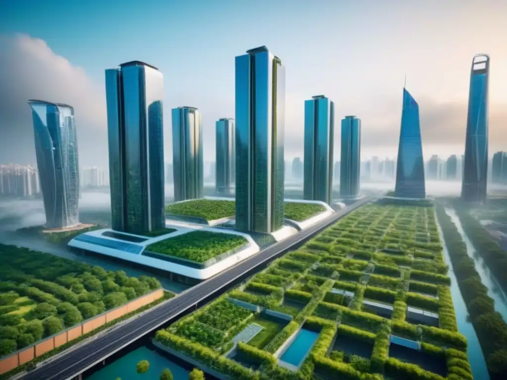 Metrópolis futurista: arquitectura sostenible y naturaleza en armonía Riesgos ambientales inversión inmobiliaria proteger: Futurista ciudad sostenible con rascacielos verdes innovadores