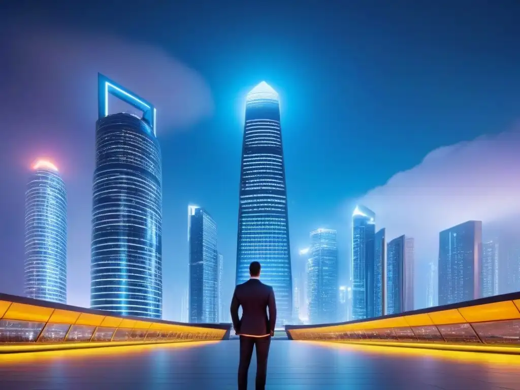 Rascacielos futurista con seguridad digital en la noche Riesgos cibernéticos en el sector inmobiliario: un rascacielos moderno con símbolos de encriptación digital resaltando entre edificios tradicionales