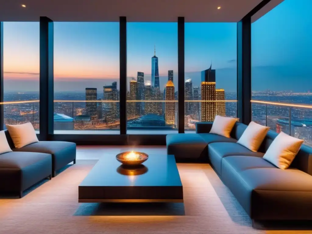 Penthouse de lujo con vista a la ciudad al atardecer Riesgos inversión propiedades lujo internacionales: Penthouse moderno con vista a la ciudad al anochecer, diseño elegante y lujo