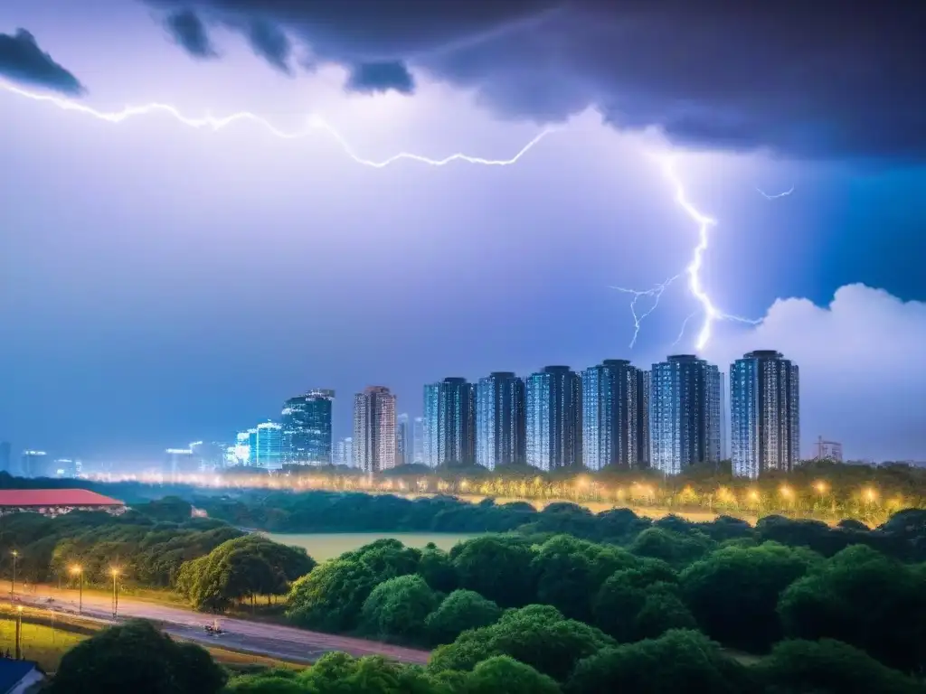 Desastre natural: ciudad moderna en emergencia Riesgos naturales en inversiones inmobiliarias: Ciudad moderna ante tormenta y evacuación
