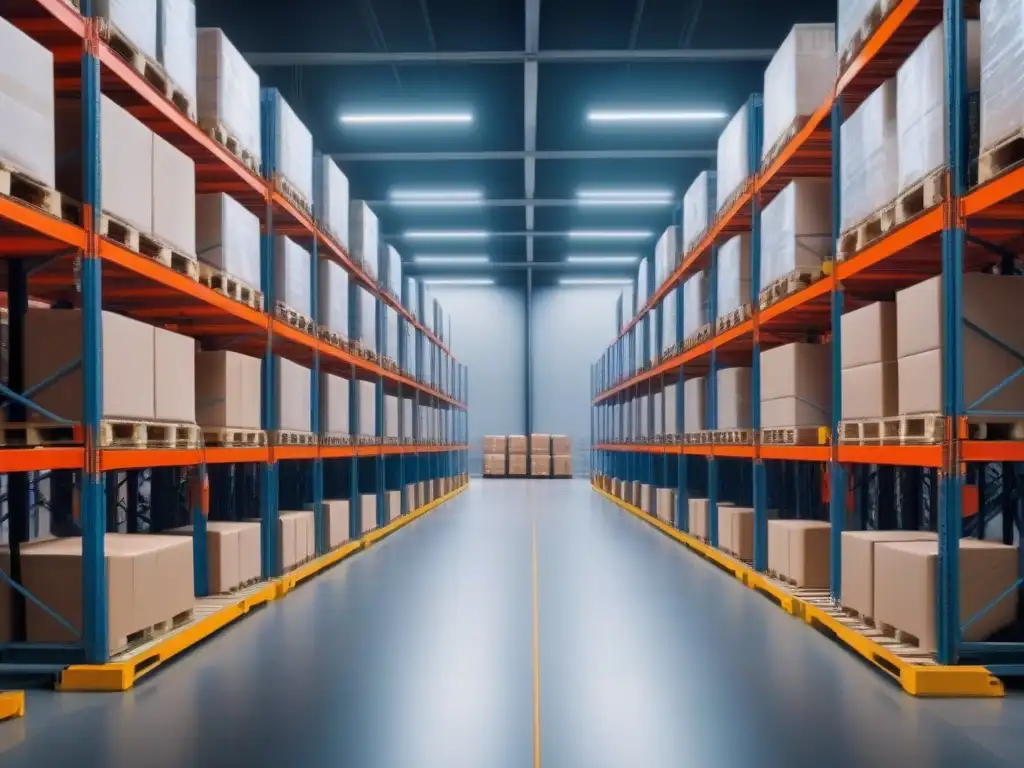 Almacén automatizado de alta tecnología con robots moviendo inventario Robots moviendo inventario en almacén automatizado con eficiencia y tecnología LED, maximizando rendimientos inversiones almacenes