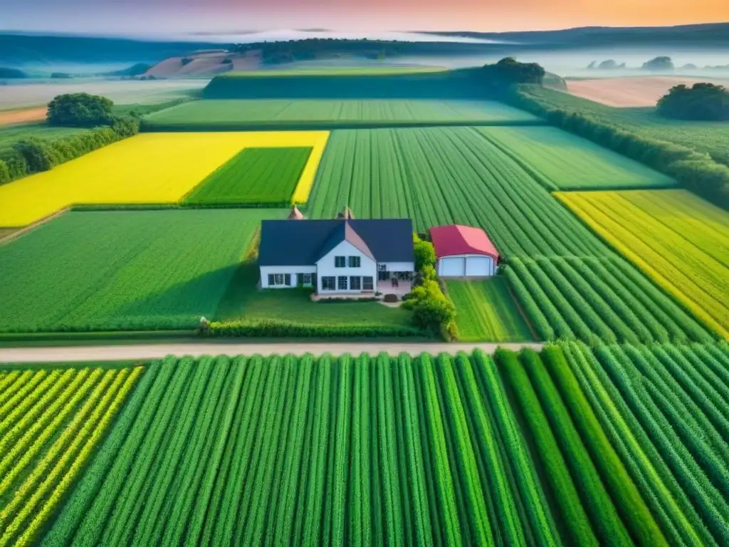 Finca rural moderna en América del Norte: fusión de tradición y innovación Inversión rural en Norteamérica: Granja moderna rodeada de campos extensos y equipo agrícola de última generación en un escenario campestre