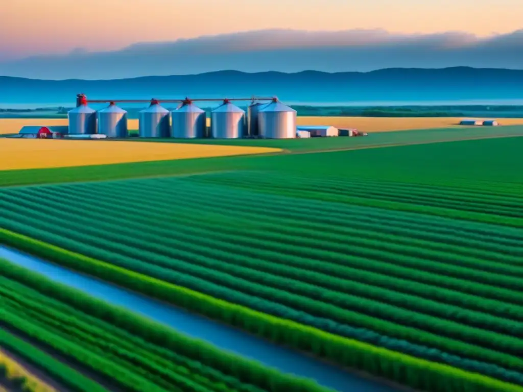 Innovación agrícola: campo próspero en Norteamérica Inversión rural en Norteamérica: Paisaje agrícola próspero y vibrante bajo el cielo azul, con modernas instalaciones y maquinaria avanzada