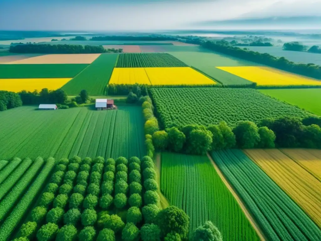 Inversiones rurales en América del Norte: tecnología y tradición en armonía Inversión rural en Norteamérica: Vista aérea de un próspero paisaje agrícola con cultivos, granjas y maquinaria moderna