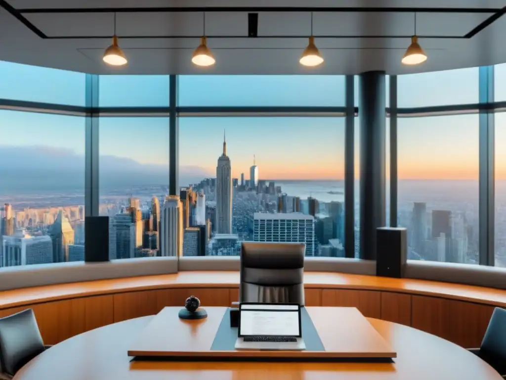 Sala de audiencias elegante con vista panorámica a la ciudad
