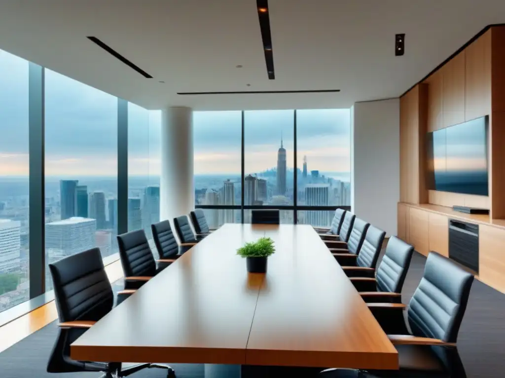 Salón de conferencias moderno y elegante con vista a la ciudad Una sala de conferencias moderna con una mesa de madera rodeada de sillas elegantes