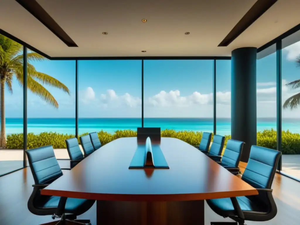 Negociaciones internacionales en paraíso tropical Una sala de conferencias moderna con vista a la playa, ideal para negociar la compra de propiedad tiempo compartido internacional
