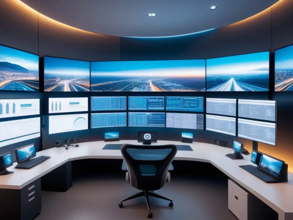 Control de Propiedades Globales: IA Futurista en Acción Una sala de control futurista muestra la IA supervisando propiedades globales