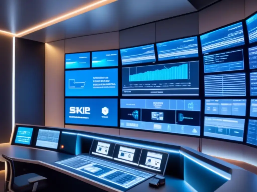 Control room futurista con tecnología avanzada y monitoreo en tiempo real Sala de control futurista con supervisión remota de propiedades con IA y tecnología de vanguardia
