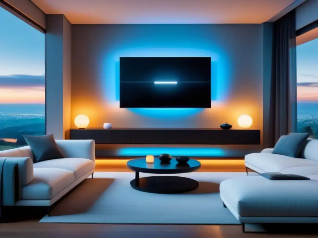 Salón inteligente: lujo tecnológico para inversores globales Sala de estar futurista en una casa inteligente con tecnología avanzada para inversor global mercado inmobiliario