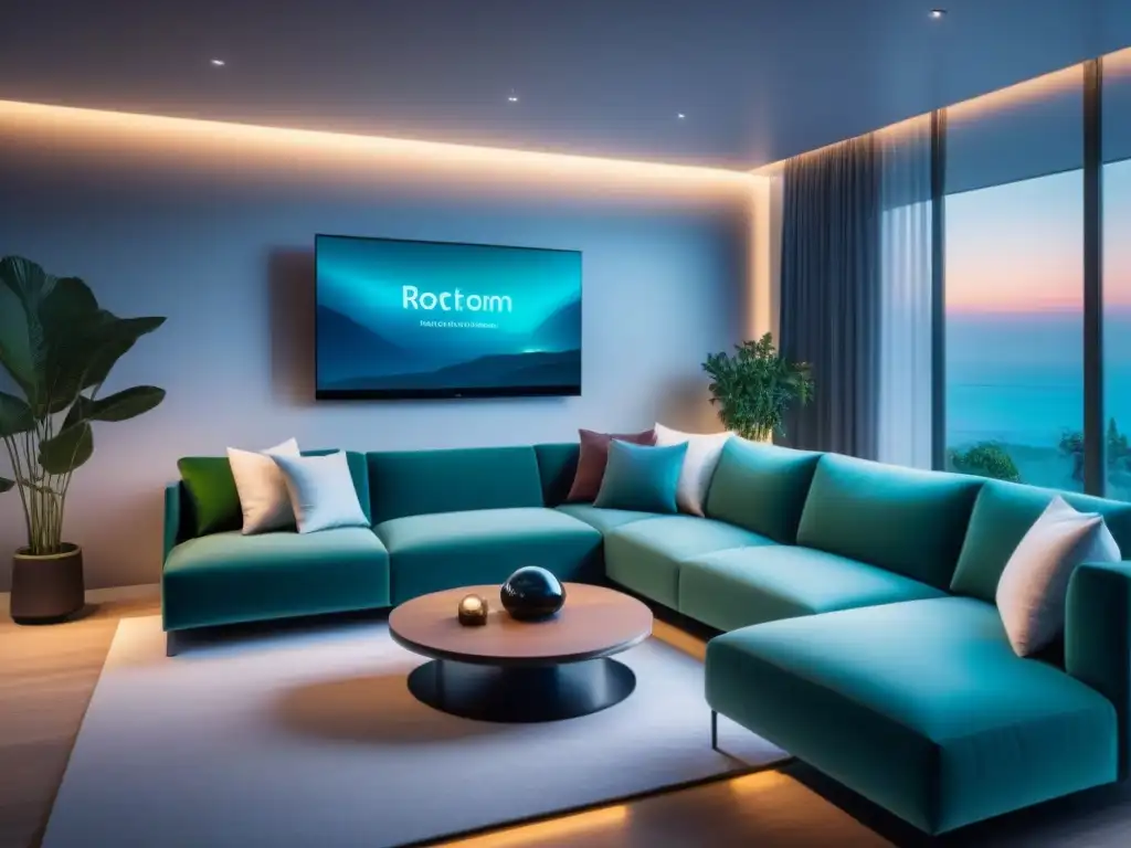 Salón Futurista: Hogar Inteligente 8k con IoT Una sala de estar futurista con tecnología IoT, transformación mercado inmobiliario IoT