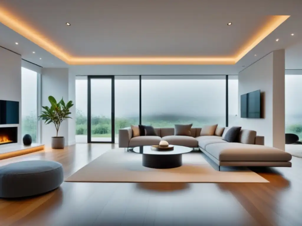 Salón inteligente de alta tecnología con sensores de movimiento integrados Sala de estar inteligente con diseño minimalista y sensores de movimiento inteligentes en inmobiliaria