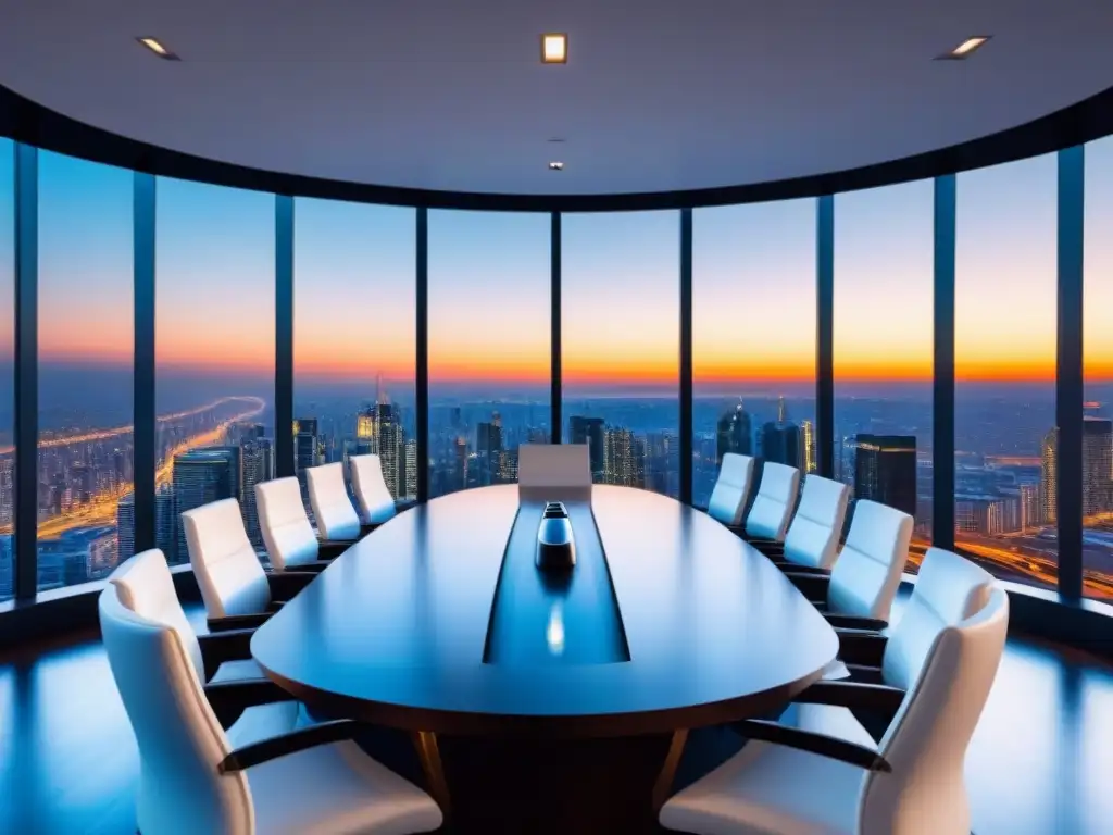 Sala de juntas futurista con vista a la ciudad al atardecer Una sala de juntas futurista y elegante con una mesa circular de madera oscura y sillas blancas de cuero, mostrando la ciudad al atardecer