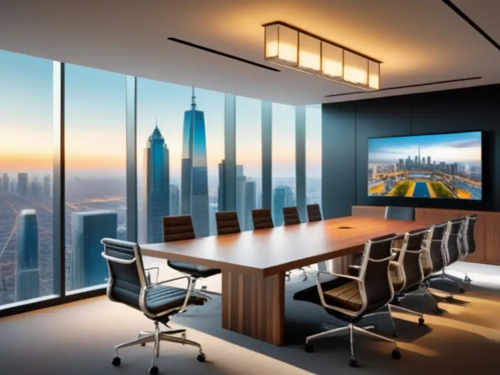 Oficina de lujo con vista panorámica y profesionales colaborando Una sala de juntas lujosa y moderna con tecnología avanzada, rodeada de una ciudad animada