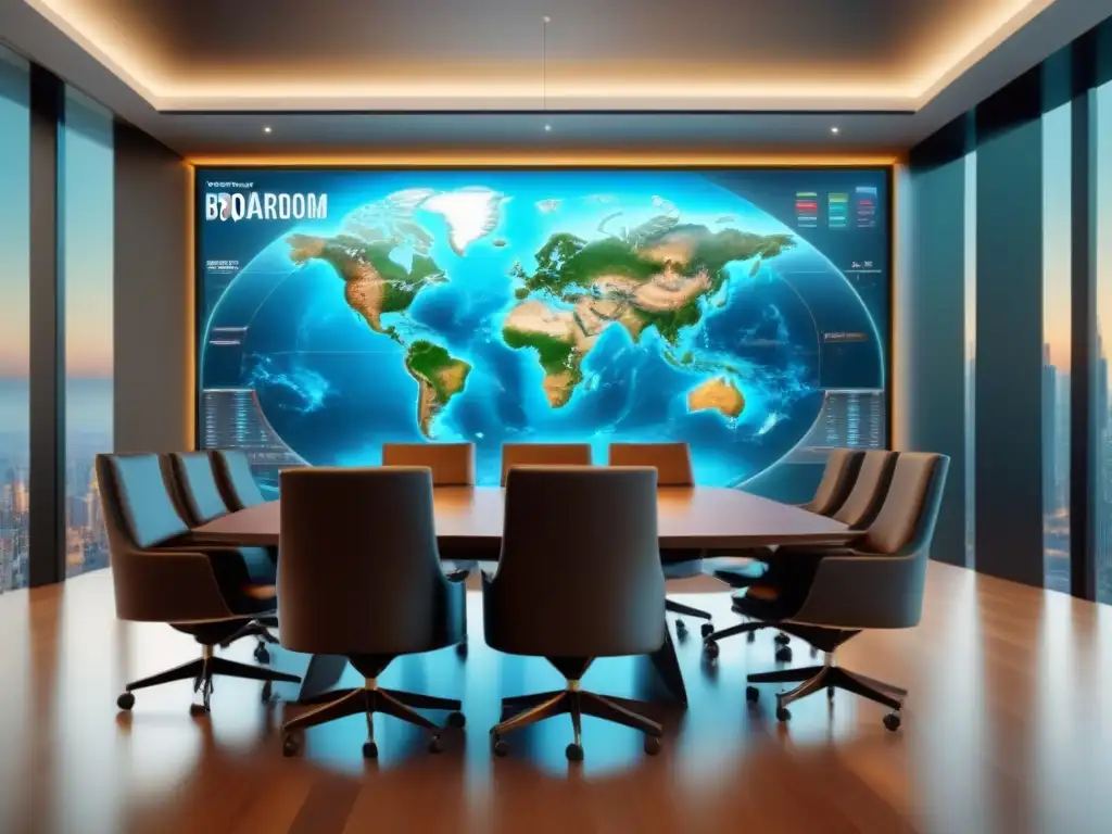 Salón de reuniones de lujo para negocios inmobiliarios internacionales Una sala de juntas moderna y elegante con mesa de conferencias brillante y sillas de cuero