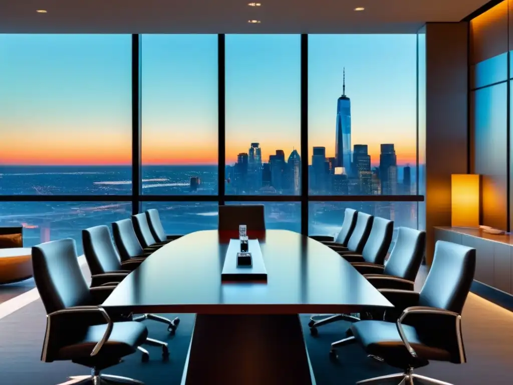 Salón de juntas de lujo con vista urbana al atardecer Sala de juntas moderna con mesa de conferencias y sillas de cuero, ventanas panorámicas con vista a la ciudad al atardecer y arte abstracto en la pared