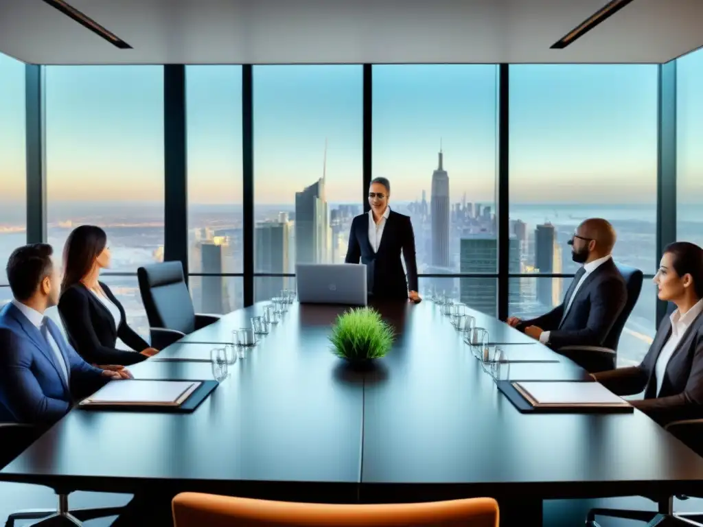 Reunión ejecutiva en oficina moderna con vista urbana Sala de juntas moderna con vista a la ciudad