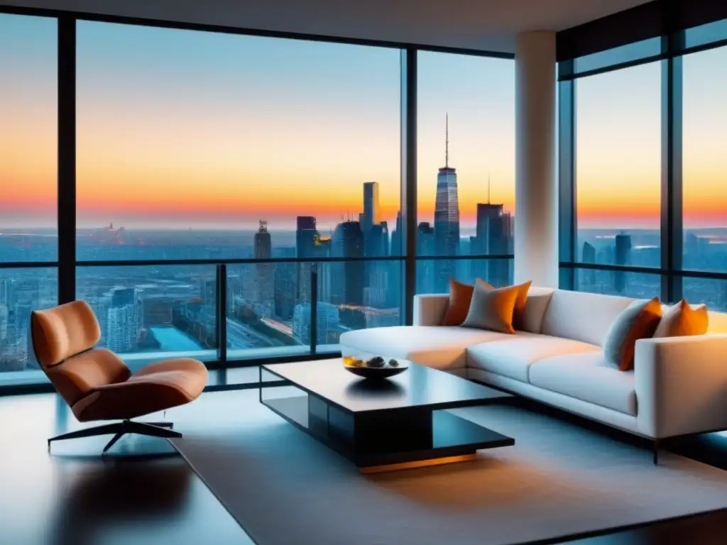 Salón de lujo en apartamento con vista panorámica al atardecer Una sala de estar de lujo en un apartamento de gran altura con vista panorámica a la ciudad al atardecer