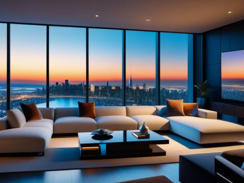 Salón de lujo inteligente con tecnología avanzada y vistas nocturnas Una sala de estar de lujo en casa inteligente con elementos tecnológicos para propiedades de inversión
