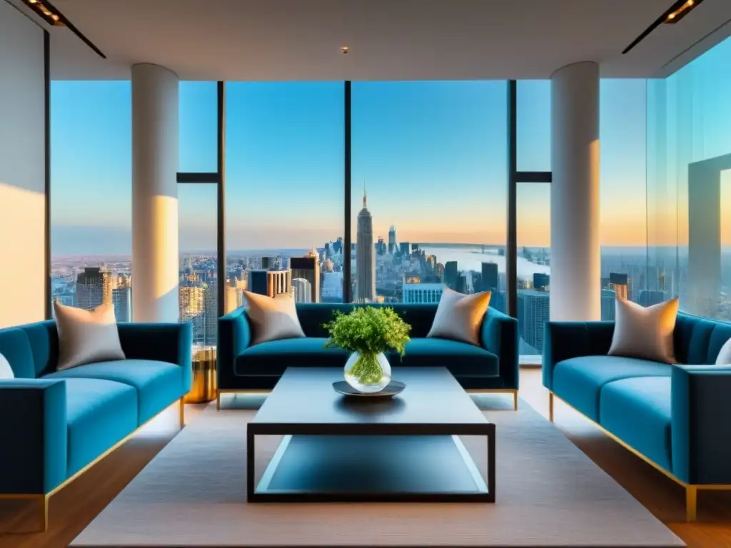 Sala de estar de lujo con vista a la ciudad Una sala de estar de lujo con vista a la ciudad, muebles contemporáneos y toque de vegetación