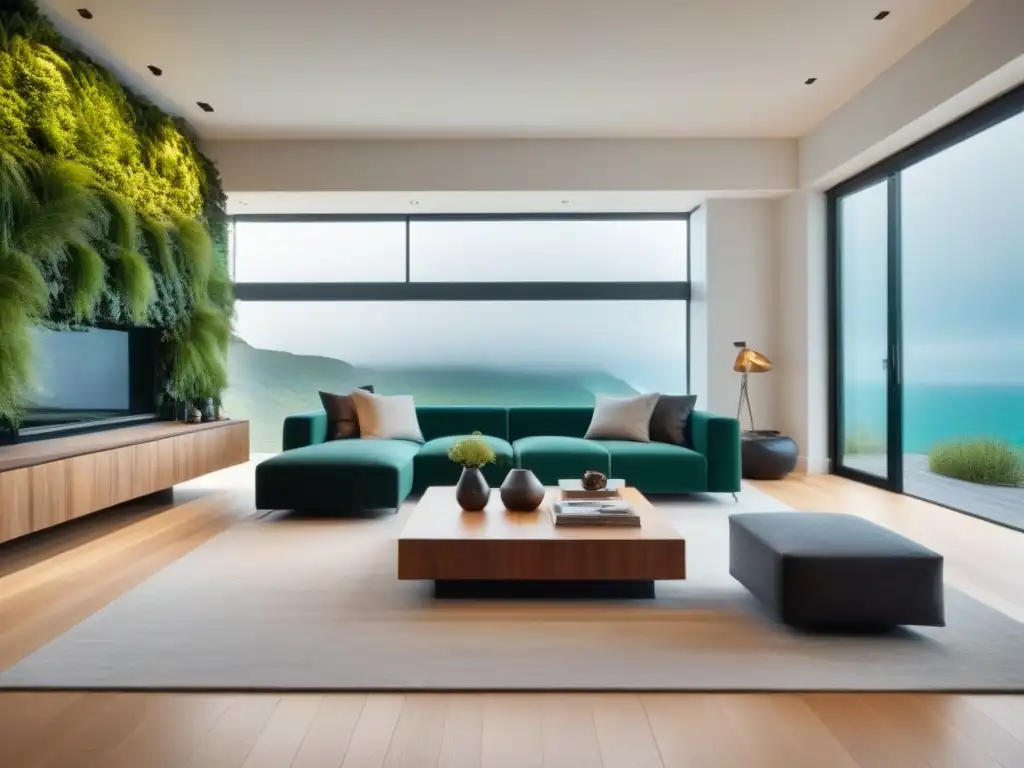 Sala de estar eco-lujosa con diseño sostenible y natural Una sala de estar lujosa y moderna con materiales naturales en inversiones inmobiliarias