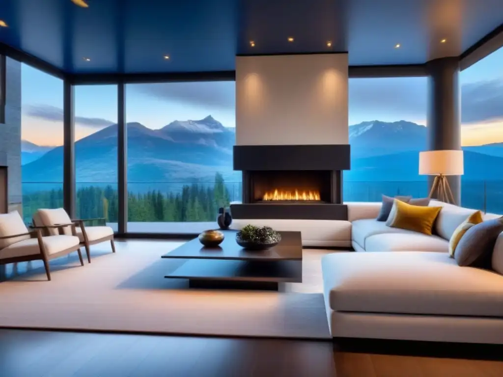 Sofisticada sala de estar con vista a la montaña en residencia de lujo en América del Norte Diseño de sala lujosa y moderna en segunda residencia Norteamérica personalizada con vista a la montaña