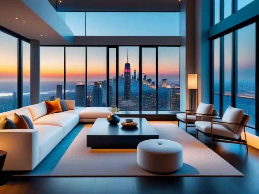 Salón de lujo con vista panorámica: diseño contemporáneo y sofisticado Una sala de estar lujosa y moderna con vistas a la ciudad, muebles contemporáneos y diseño residencial internacional