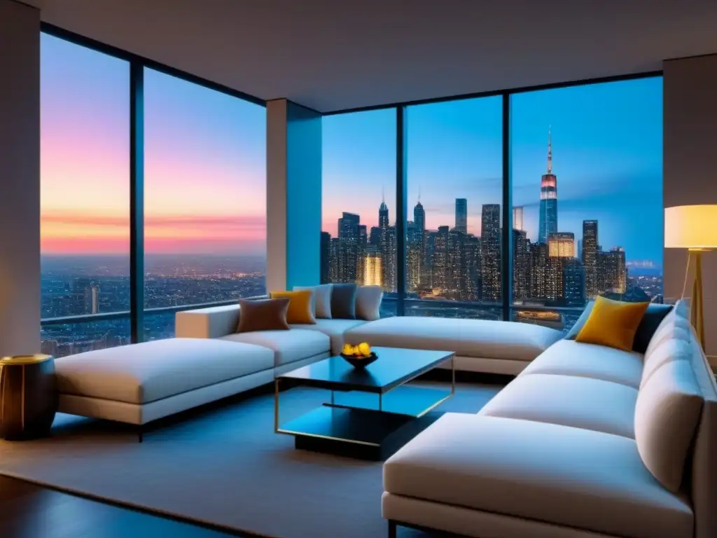 Salón moderno de lujo con vistas a la ciudad de noche Sala de estar moderna con decoración elegante y vista nocturna de la ciudad