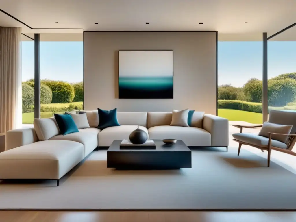 Salón moderno y artístico: lujo contemporáneo en armonía Una sala moderna y elegante con arte y diseño integrados en un ambiente residencial de lujo